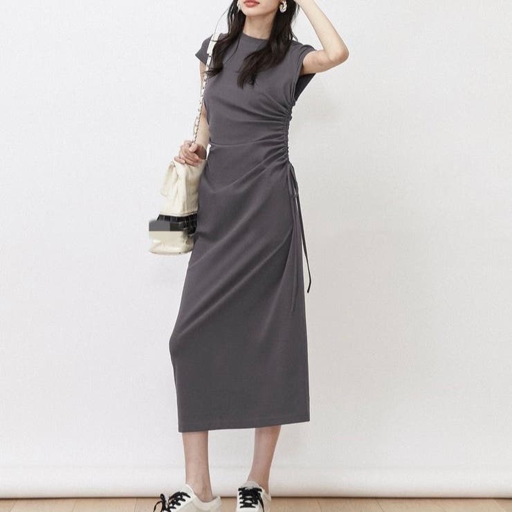 サイドギャザー半袖ロングワンピース[品番：SHNW0010808]｜LADY