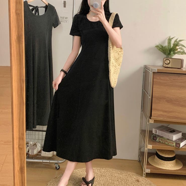 Lioness ワンピース ロング ブラック リボン 黒 カバーアップ バックリボン半袖ロングワンピース[品番：SHNW0011280]｜LADY
