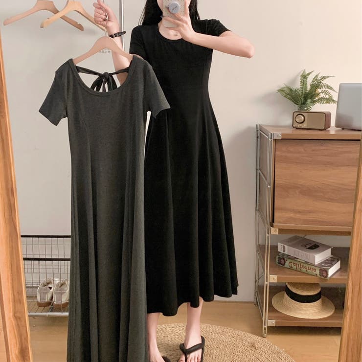 バックリボン半袖ロングワンピース[品番：SHNW0011280]｜LADY