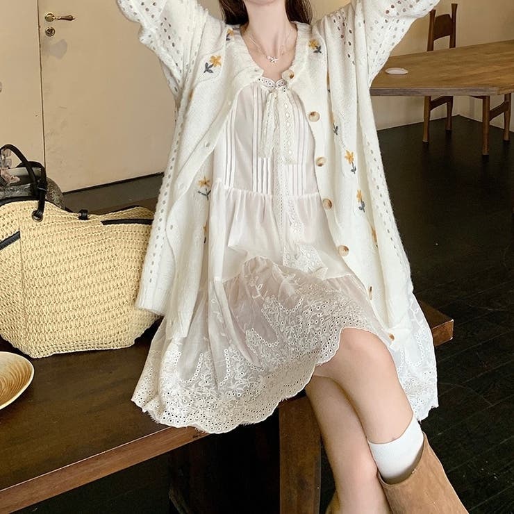 春夏新作】レースリボン付きミニ丈キャミワンピース[品番：SHNW0012638