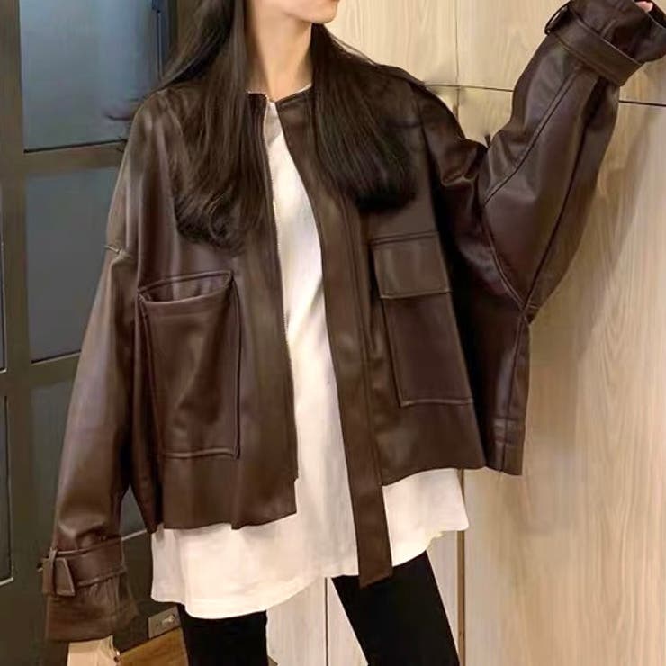 袖口ベルトフェイクレザージャケット[品番：SHNW0010002]｜LADY LIKE