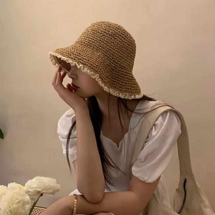 レース付きクリーム色麦わら帽子 楽天市場】麦わら帽子 レース あごひも付き つば広 UVカット草