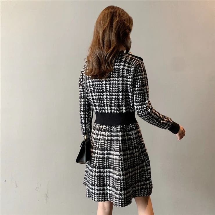 千鳥柄ニットワンピース 韓国ファッション 人気アイテム[品番
