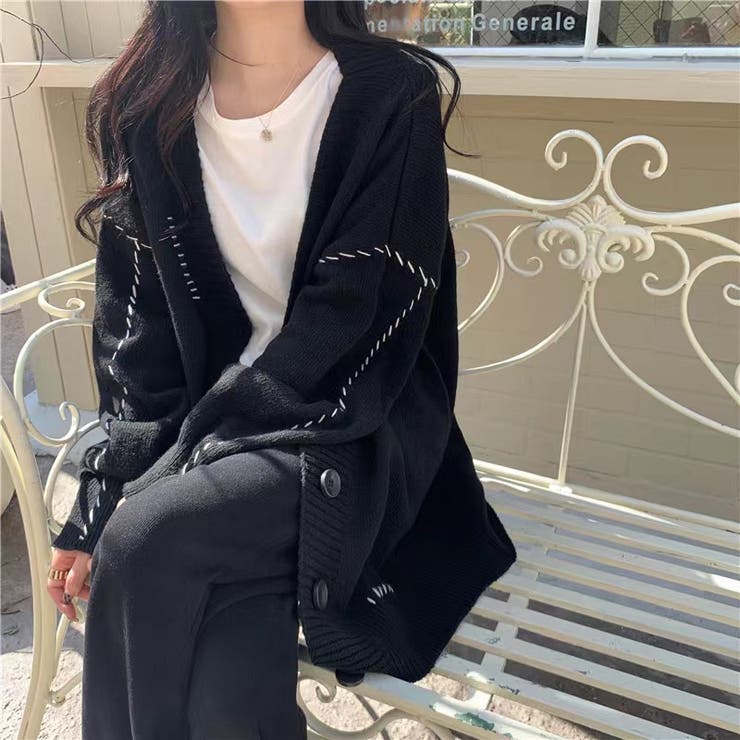 ニットカーディガン 韓国ファッション ブラック[品番：SHNW0004145