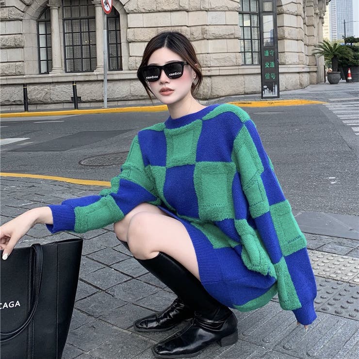 ブロックチェックニットプルオーバー 韓国ファッション オーバーサイズ