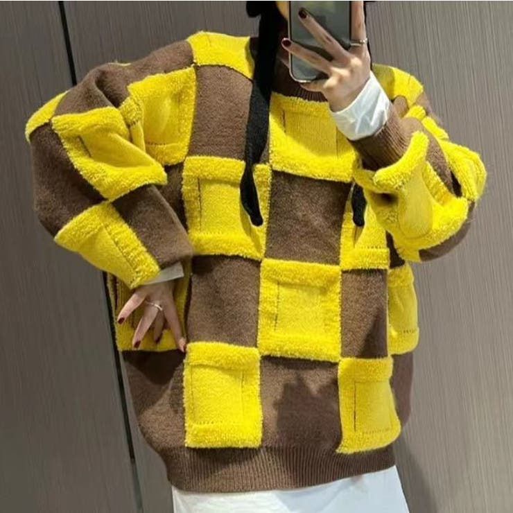 ブロックチェックニットプルオーバー 韓国ファッション オーバーサイズ