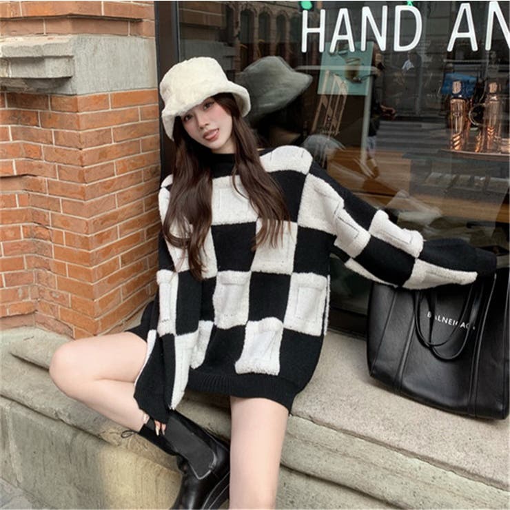 ブロックチェックニットプルオーバー 韓国ファッション オーバーサイズ