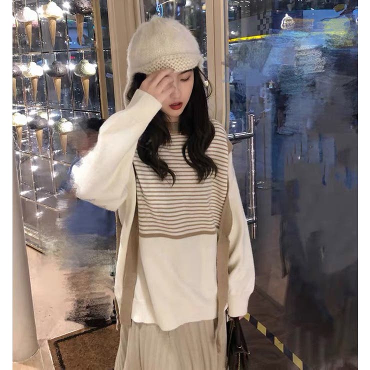 2020年秋の韓国人女性のファッション緩いシャレードスペルカラーVネ カラーニット 韓国ファッション セーター[品番：SHNW0005649