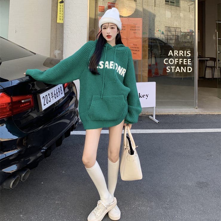 グリーン | ニットトップス フード付き 韓国ファッション | Sibra