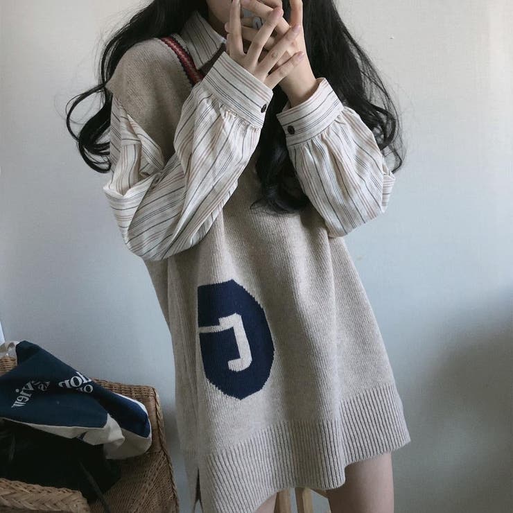 2点セット シャツ+ロングニットベスト 韓国ファッション[品番