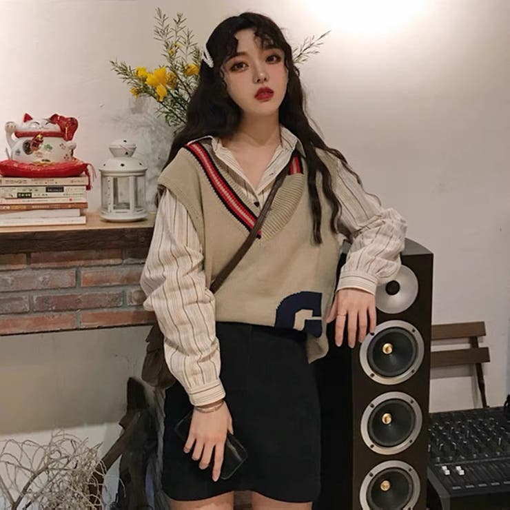 2点セット シャツ+ロングニットベスト 韓国ファッション[品番