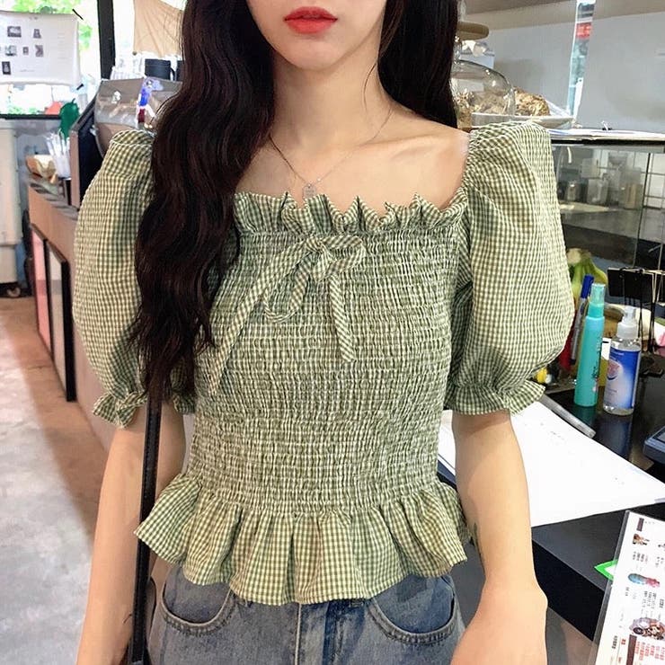 チェックショット丈シャーリングブラウス 韓国ファッション 可愛い 品番 Shnw Sibra シブラ のレディースファッション通販 Shoplist ショップリスト