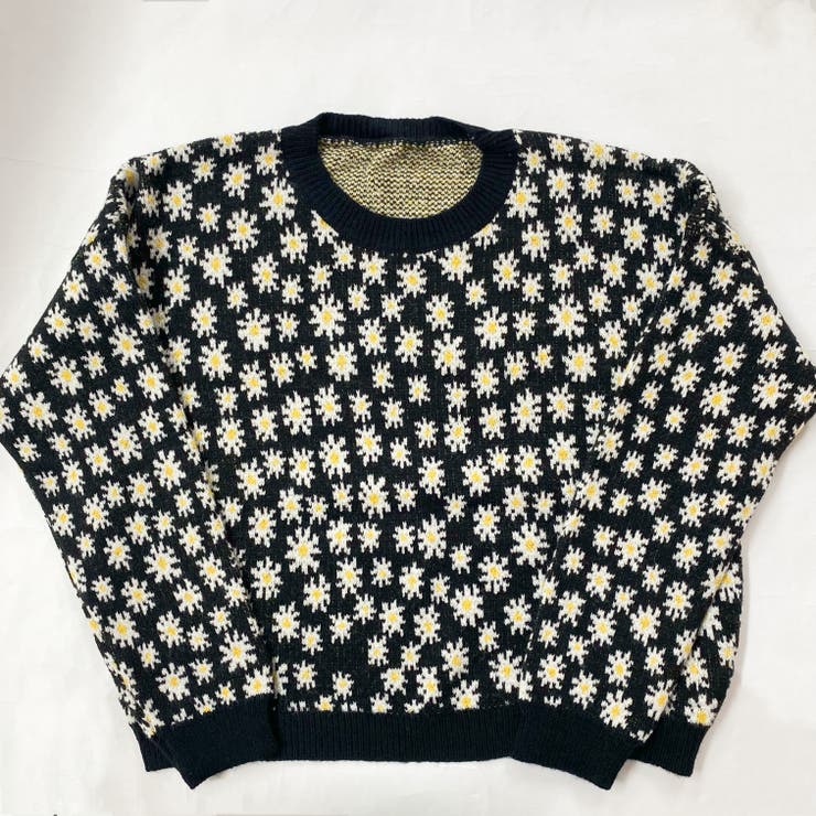ブラック1 | フラワ－柄ニットプルオーバー 韓国ファッション 可愛い | Sibra