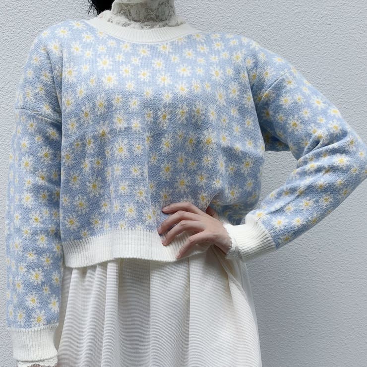 フラワ－柄ニットプルオーバー 韓国ファッション 可愛い | Sibra | 詳細画像1 