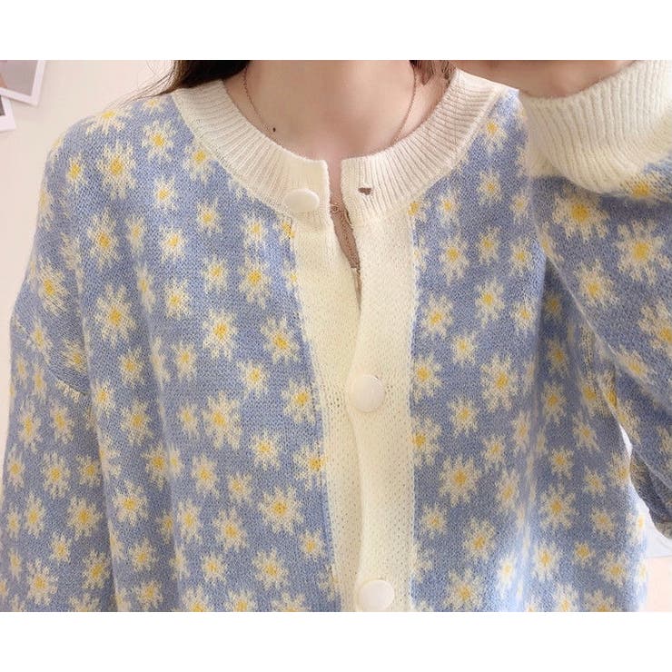 フラワ－柄ニットカーディガン 韓国ファッション 花柄[品番
