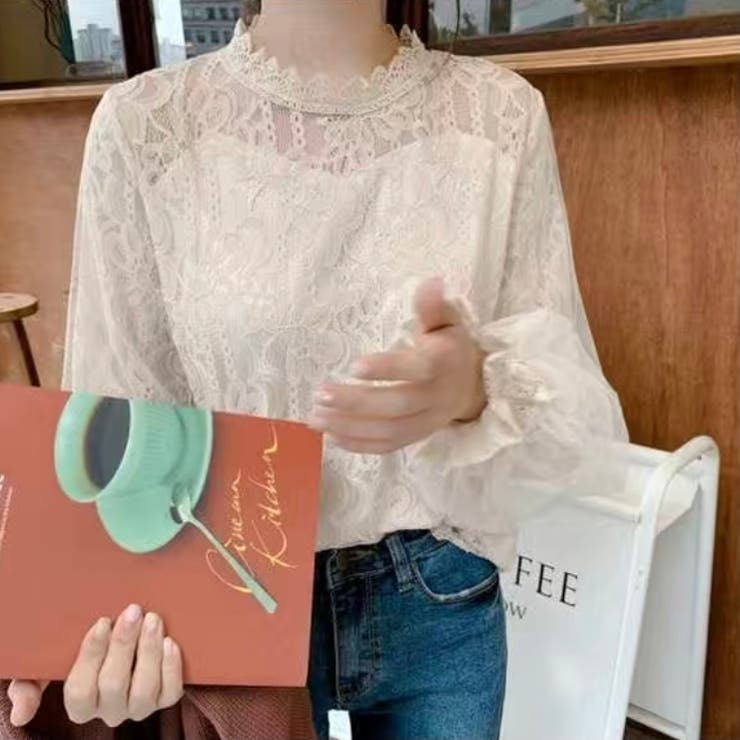 長袖レースロングTシャツ 大柄 編み 上品 レース 大人 夏トップス[品番