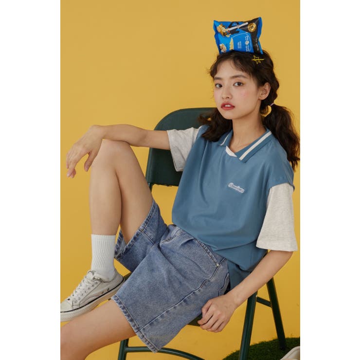 【YCH】韓国発！SHEER-PANELLED LAYERED Tシャツ BLUE 送料込 Designer fashion, Seoul-fully created | W Concept