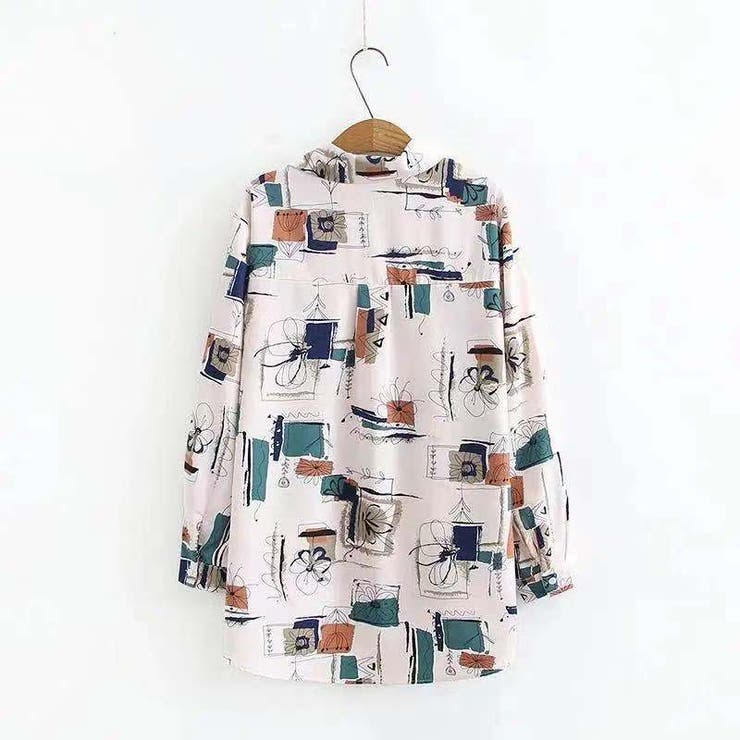 ホワイト | プリントシャツ長袖 柄シャツ  レトロ デザインシャツ | Sibra