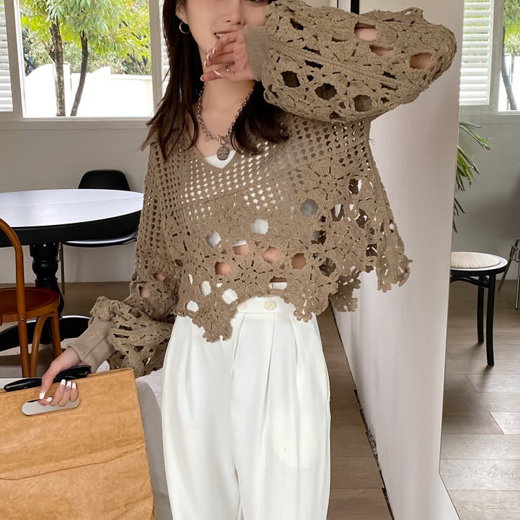 polo衿かぎ編みニット 韓国ファッション 春[品番：SHNW0006216