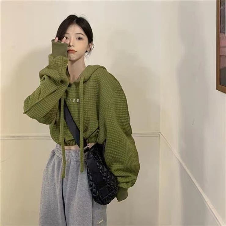 ショルダーデザイン ショート丈 スウェット フード付 韓国 n965 リフ Riff ショート丈パーカー スウェット ショートパーカー