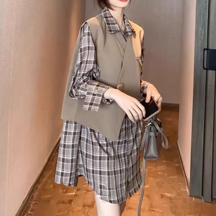 2点セット ベスト+チェック柄シャツ 韓国ファッション[品番