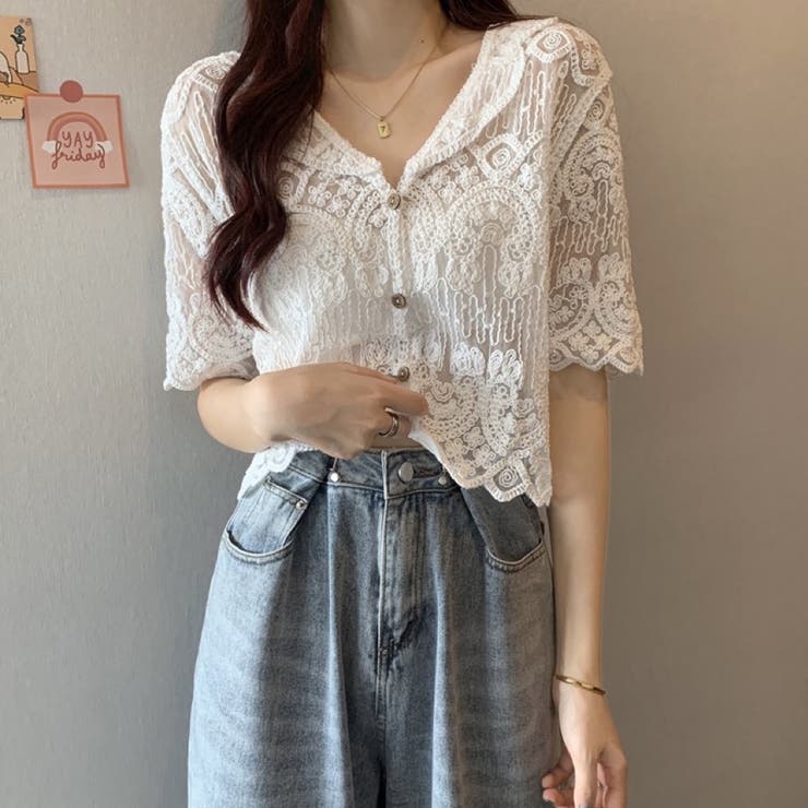 ホワイト | ショート丈半袖カーディガン 韓国ファッション レース | Sibra