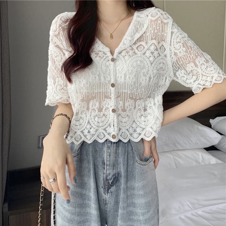 ショート丈半袖カーディガン 韓国ファッション レース | Sibra | 詳細画像5 