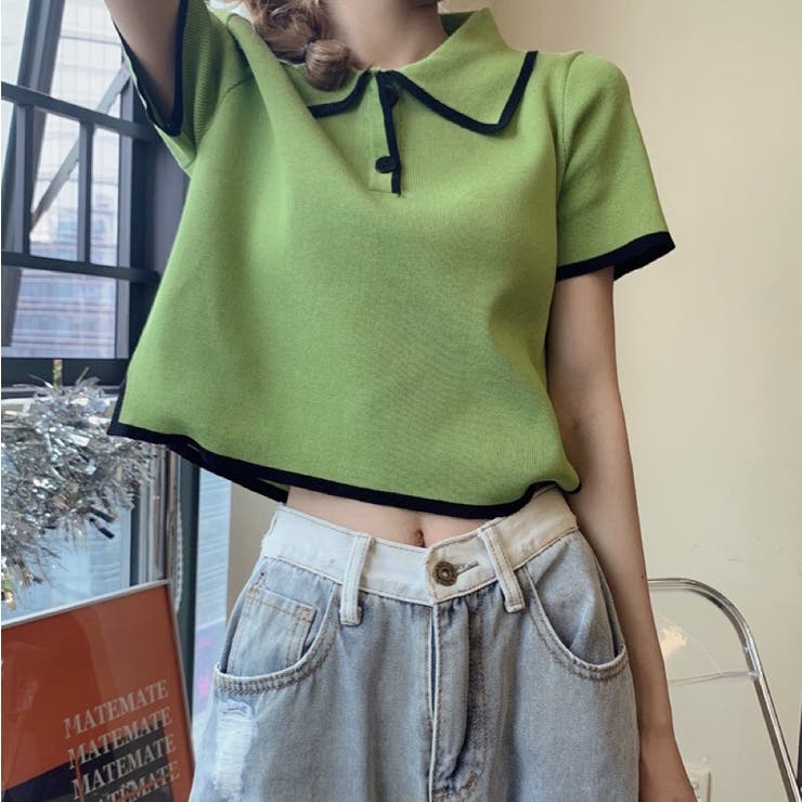 グリーン | ショート丈polo衿ニットトップス 韓国ファッション 夏服 | Sibra