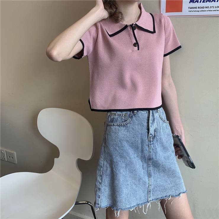 ショート丈polo衿ニットトップス 韓国ファッション 夏服[品番