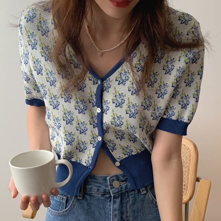 ショート丈小花柄ニットカーディガン 韓国ファッション 夏服 | Sibra | 詳細画像1 