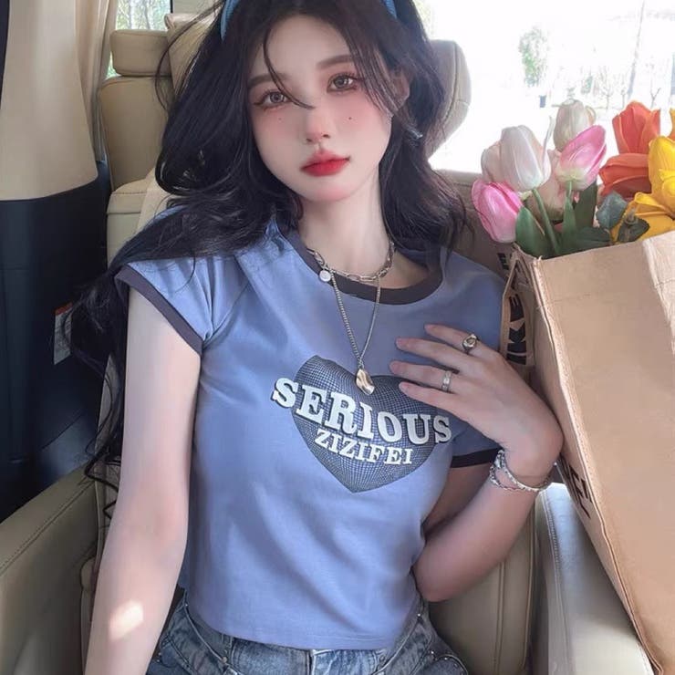 配色ショート丈Tシャツ 韓国ファッション 夏服[品番：SHNW0006861