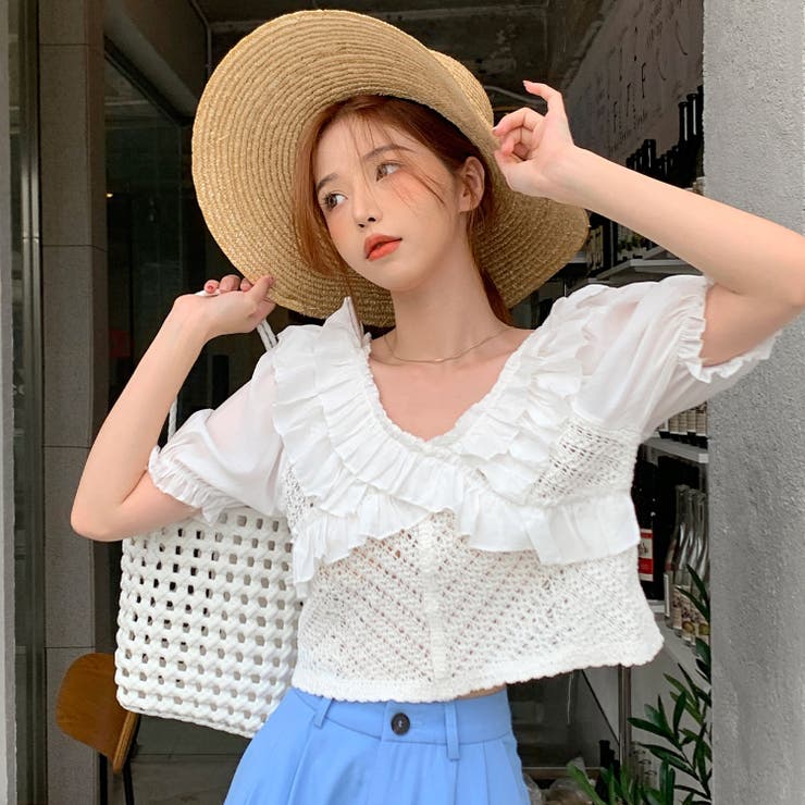 フリルニットトップス 韓国ファッション 夏服[品番:SHNW0006992 フリルニットトップス 韓国ファッション 夏服[品番:SHNW0006992