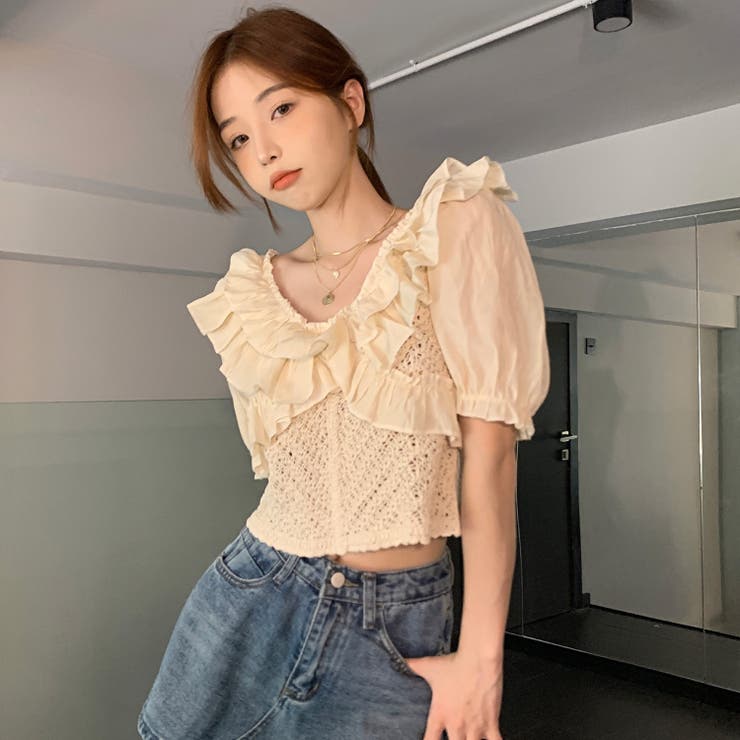 フリルニットトップス 韓国ファッション 夏服[品番：SHNW0006992