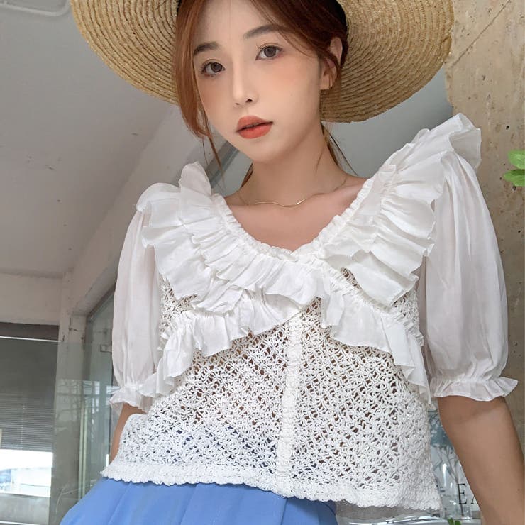 フリルニットトップス 韓国ファッション 夏服