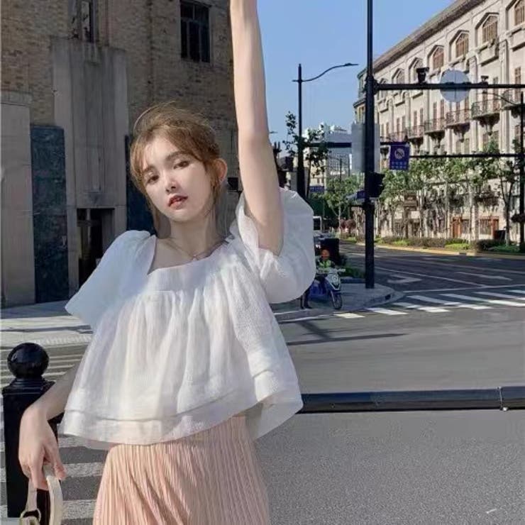後ろリボンショート丈ブラウス 韓国ファッション 夏服[品番