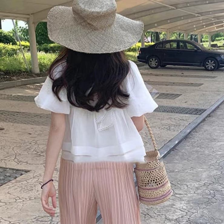 後ろリボンショート丈ブラウス 韓国ファッション 夏服[品番