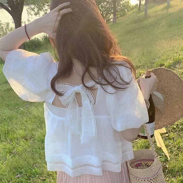 後ろリボンショート丈ブラウス 韓国ファッション 夏服[品番