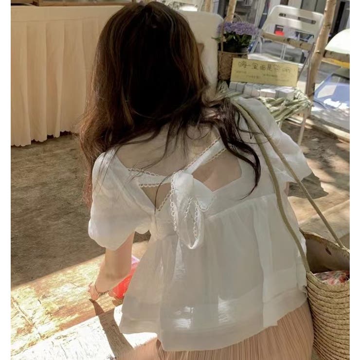 後ろリボンショート丈ブラウス 韓国ファッション 夏服[品番