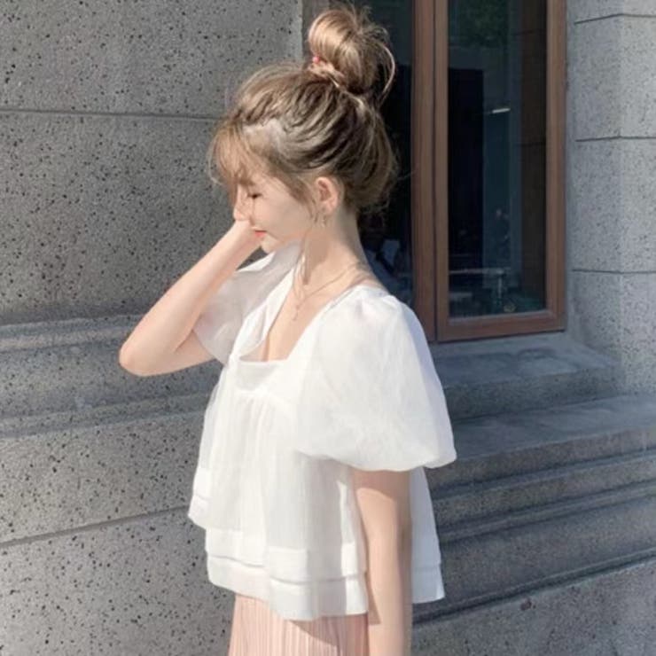 後ろリボンショート丈ブラウス 韓国ファッション 夏服[品番