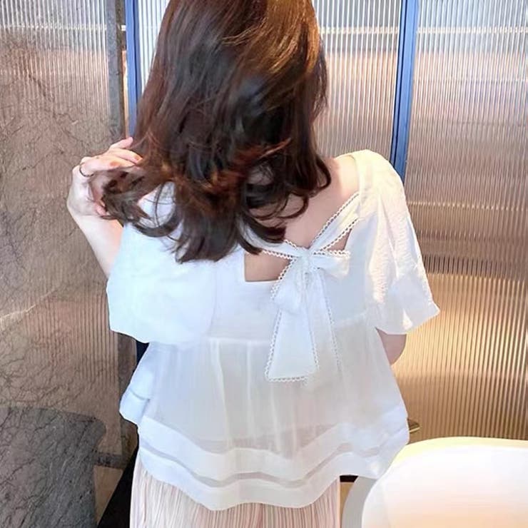 後ろリボンショート丈ブラウス 韓国ファッション 夏服[品番