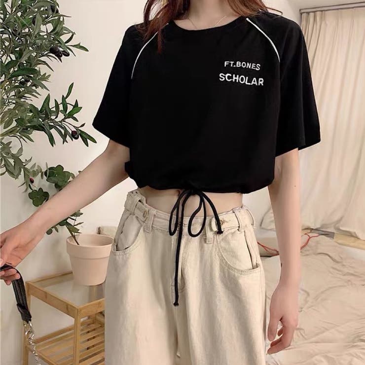 ショート丈Tシャツ 韓国ファッション クルーネック[品番