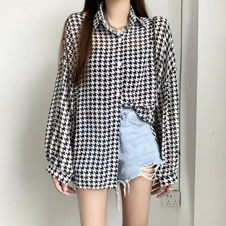 千鳥格子柄シアーシャツ 韓国ファッション オフィスカジュアル