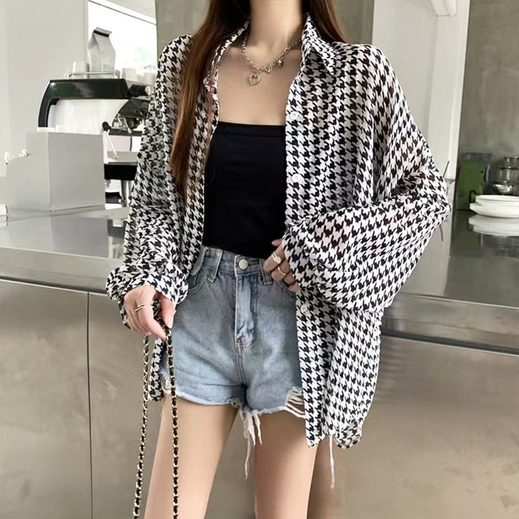千鳥格子柄シアーシャツ 韓国ファッション オフィスカジュアル