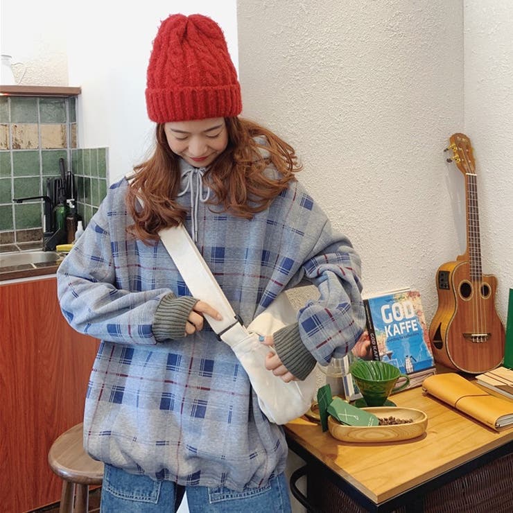 裏毛チェック柄パーカ－ フード付き 韓国ファッション | Sibra | 詳細画像14 