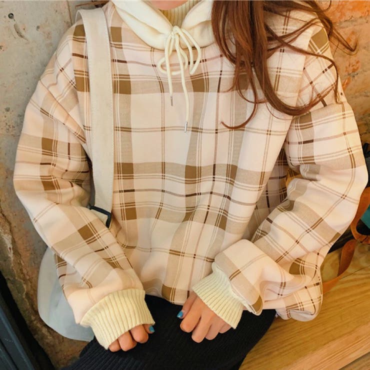 裏毛チェック柄パーカ－ フード付き 韓国ファッション | Sibra | 詳細画像3 