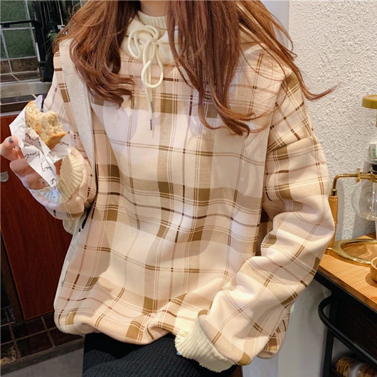 裏毛チェック柄パーカ－ フード付き 韓国ファッション | Sibra | 詳細画像1 