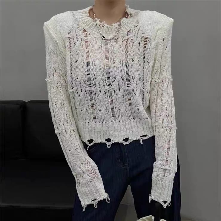 ダメージ加工がおしゃれで可愛い♡ダメージ透けニットトップス 韓国ファッション