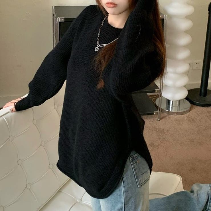 ブラック | ニットトップス サイドスリット 韓国ファッション | Sibra