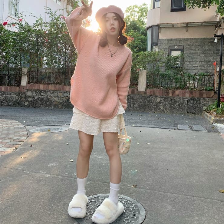 ピンク | ニットトップス サイドスリット 韓国ファッション | Sibra