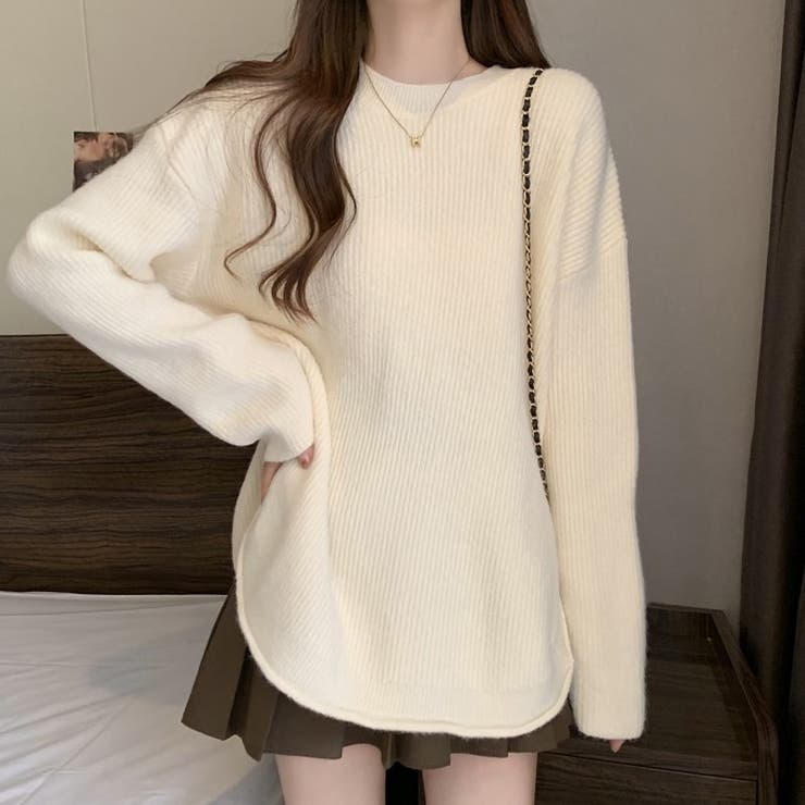 アイボリー | ニットトップス サイドスリット 韓国ファッション | Sibra